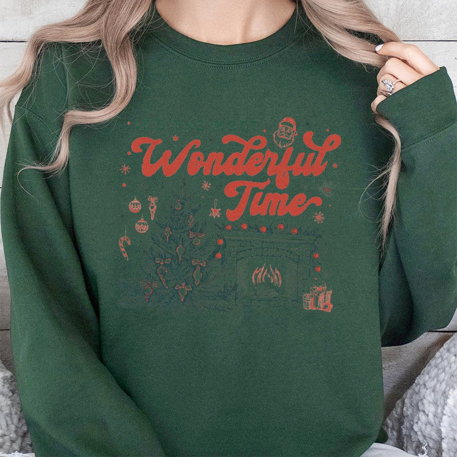 It's The Most Wonderful Time Christmas Sweatshirt | Retro Holiday Tree and Fireplace Print | Soft Cotton-Blend Fabric | Festive Gift for Adults