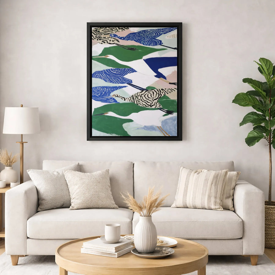 Abstract Crane Canvas Wall Art | Flying Birds with Zebra Pattern Print | 1.25-Inch Gallery Wrap | Modern Home Office Decor