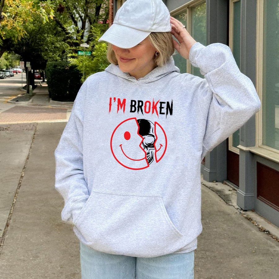 I'm Broken Skull Smiley Hoodie | Edgy Distressed Aesthetic Graphic | Soft Cotton-Polyester Blend | Unisex Streetwear Gift for Teens & Adults
