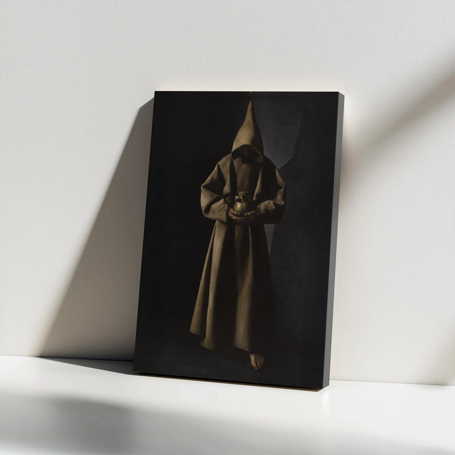 Dark Academia Monk Canvas Wall Art | Gothic Hooded Figure Holding Skull | Premium Gallery Wrap Decor | Moody Spiritual Gift for Home Office