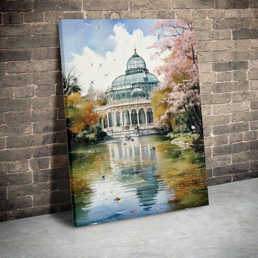 Palacio de Cristal Canvas Print | Madrid Spain Travel Art | Premium Gallery Wrapped Wall Decor | Scenic Lake & Cherry Blossom Gift