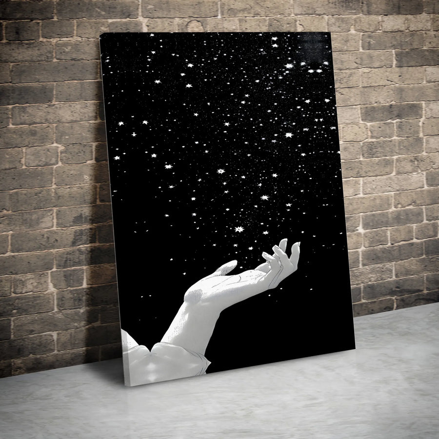 Celestial Hand Catching Stars Canvas Wall Art | Minimalist Night Sky Illustration | Gallery-Quality Fade-Resistant Print | Modern Home Decor Gift