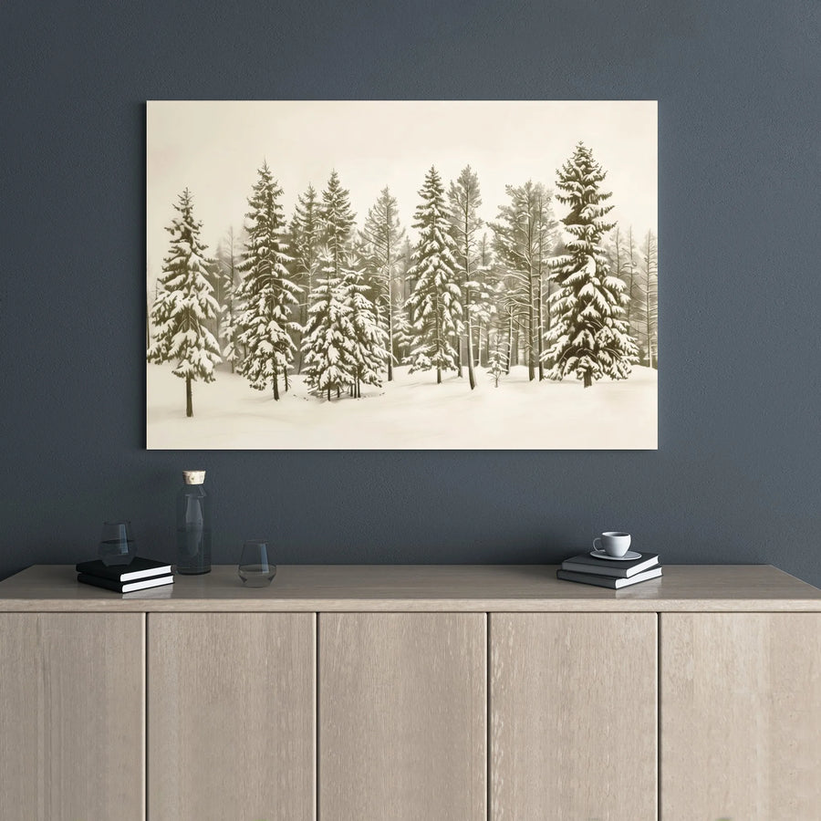 Winter Pine Forest Canvas Wall Art | Snowy Landscape Sketch Print | Premium Gallery Wrap Decor | Nature Lover Gift for Home & Office