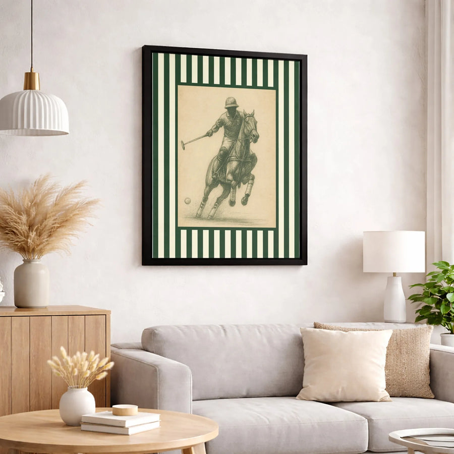 Polo Player Sketch Wall Art | Vintage Equestrian Striped Border Print | Premium 1.25" Thick Gallery Canvas | Sophisticated Home Decor Gift