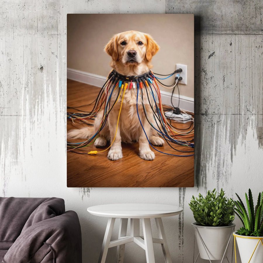 Funny Golden Retriever Canvas Print | Tech Support Dog with Cable Collar Wall Art | Premium 1.25" Thick Canvas | Humorous Gift for IT Worker, Office Decor
