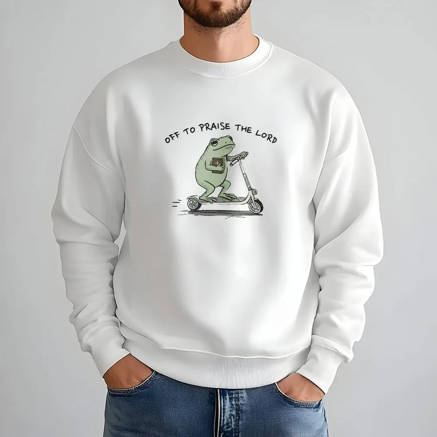 Funny Christian Frog Sweatshirt | Off To Praise The Lord Graphic | Garment-Dyed Comfort Colors Tee | Bible Study Gift for Men and Women