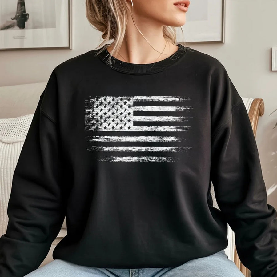 Distressed American Flag Sweatshirt | Vintage USA Patriot Graphic | Premium Cotton Blend | Unisex Casual Gift for Patriotic Men and Women