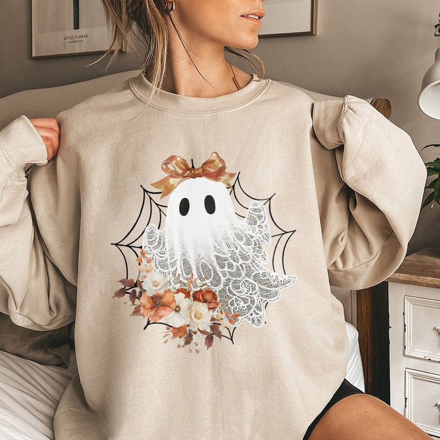Ghost Sweatshirt with Bow | Cute Lace Ghost Graphic | Premium Cotton Blend | Spooky Halloween Fall Gift for Women