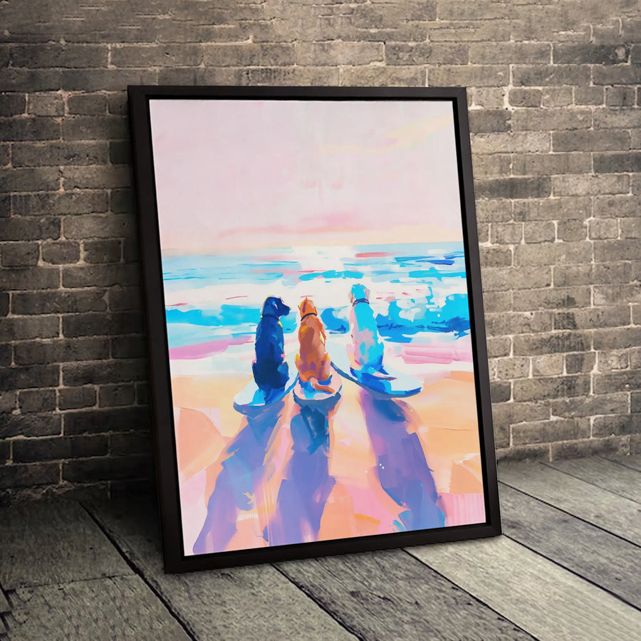 Dog Surfer Beach Canvas Art | Abstract Coastal Three Dogs Print | 1.25-Inch Premium Gallery Wrap | Home Decor Gift for Dog Lovers