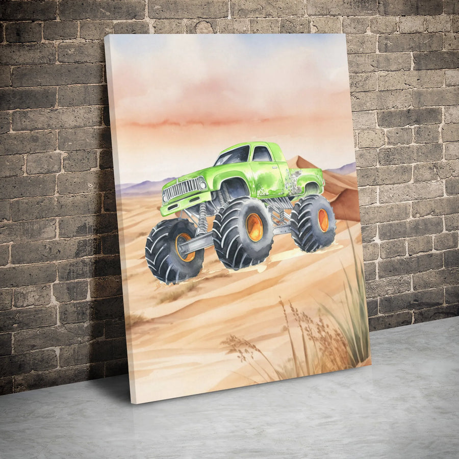 Monster Truck Canvas Wall Art | Watercolor Desert Adventure Print | Premium Gallery Wrap Decor | Gift For Boys Room Or Vehicle Enthusiast