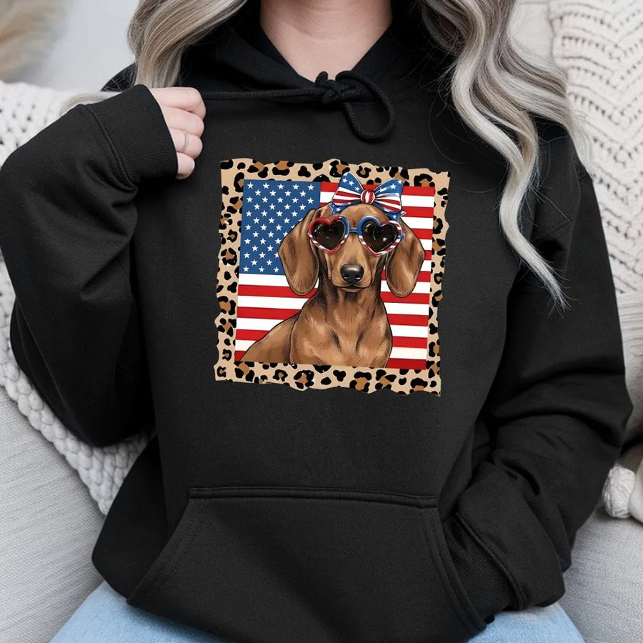 Patriotic Dachshund Hoodie | American Flag Dog with Sunglasses | Premium Cotton Crewneck | 4th of July Gift for Dog Lover