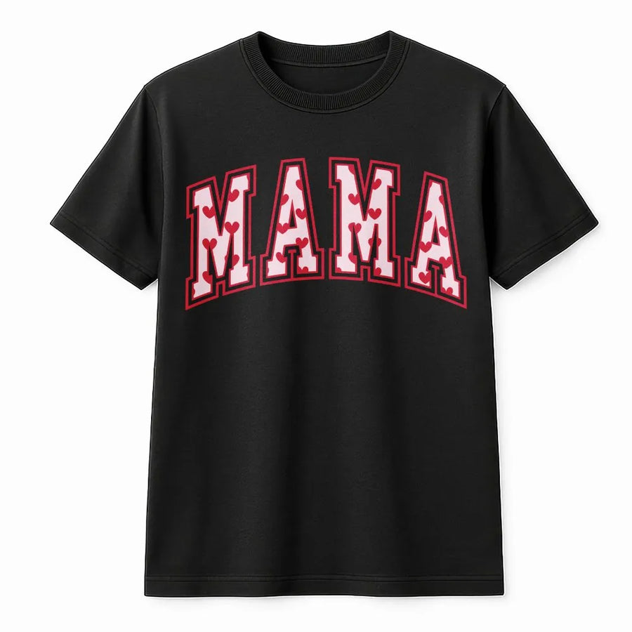 Mama T-Shirt | Heart Pattern Varsity Lettering | Soft Cotton Graphic Tee | Trendy Mom Gift for Valentine's Day