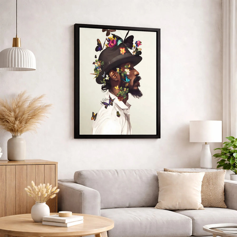 Black Man With Butterflies Canvas Print | Botanical Fedora Hat Portrait | Premium Gallery-Wrap Wall Art | Modern Home Office Decor Gift