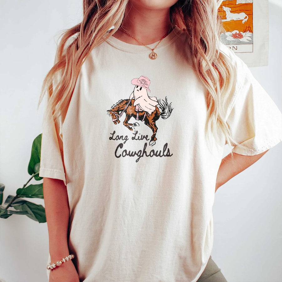 Long Live Cowghouls T-Shirt | Pink Ghost Cowboy Western Graphic | 100% Cotton Premium Tee | Cute Halloween Gift For Her