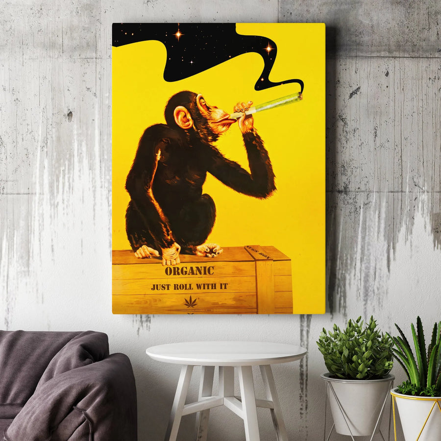 Smoking Chimp Canvas Art | Psychedelic Stoner Art Print with Galaxy Smoke | Premium Canvas | Unique Gift for Man Cave or Dorm Decor