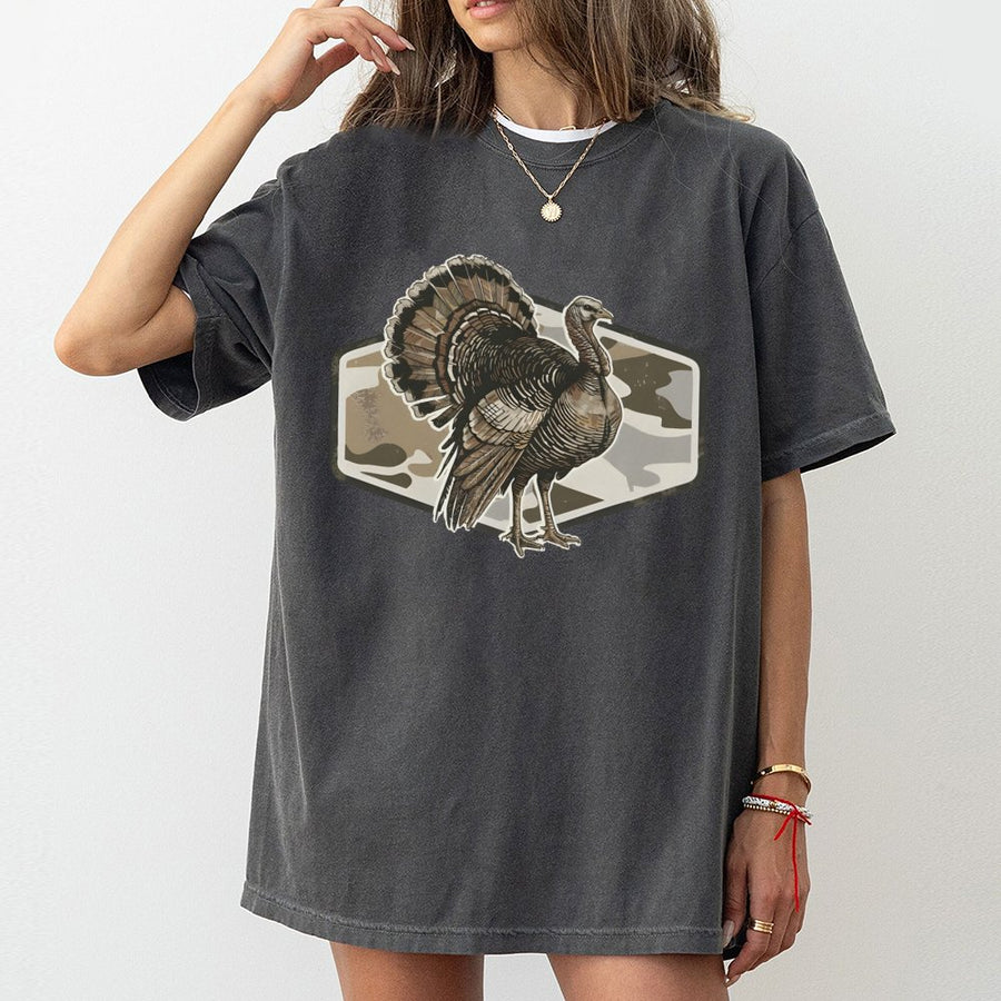 Wild Turkey Hunting T-Shirt | Camo Geometric Graphic Print | Premium Soft Cotton Tee | Thanksgiving Gift for Hunters and Outdoorsmen