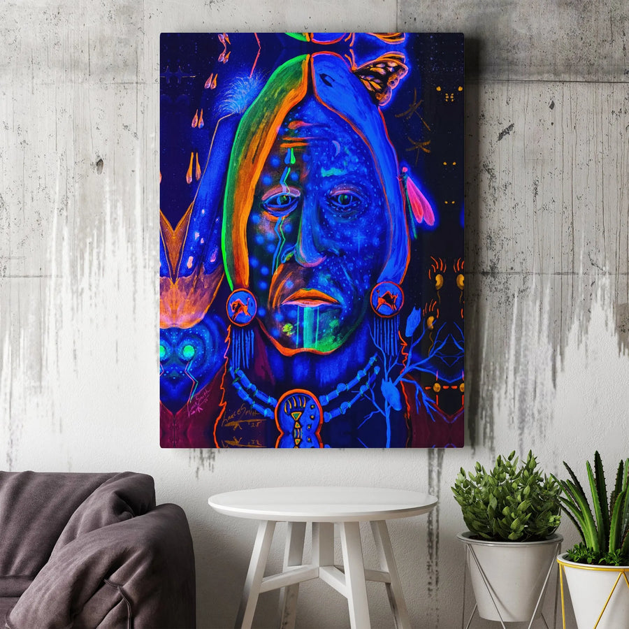Native American Art Canvas Print | Psychedelic Indigenous Portrait with Neon Colors | Premium Fade-Resistant Canvas | Spiritual Home Decor Gift