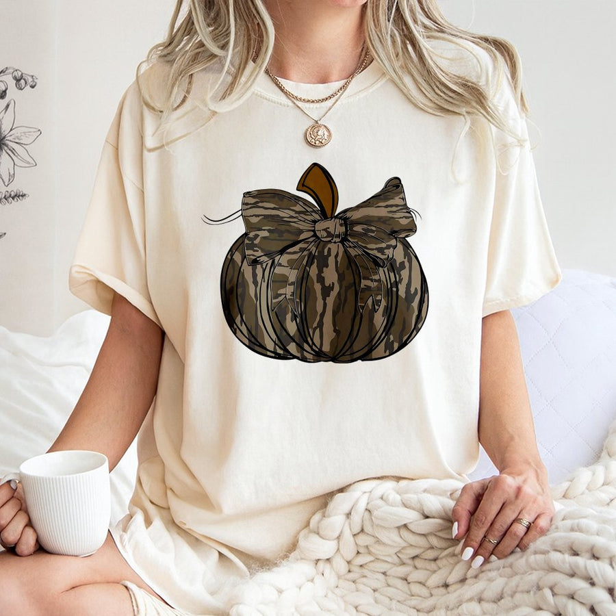 Camo Pumpkin Bow T-Shirt | Fall Coquette Aesthetic Graphic Tee | 100% Cotton Premium Quality | Hunting Season Gift for Her