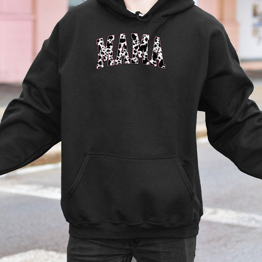 Mama Hoodie Cow Print | Retro Western Varsity Lettering | Premium Cotton-Poly Blend | Cute Gift For Mom, Cowgirl, Mother's Day 2026