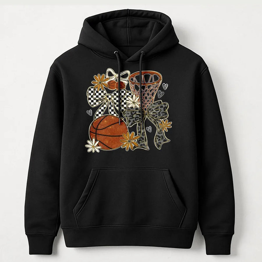 Coquette Basketball Hoodie | Preppy Bows and Floral Game Day Design | Premium Cotton Blend | Trendy Basketball Mom Gift for Her
