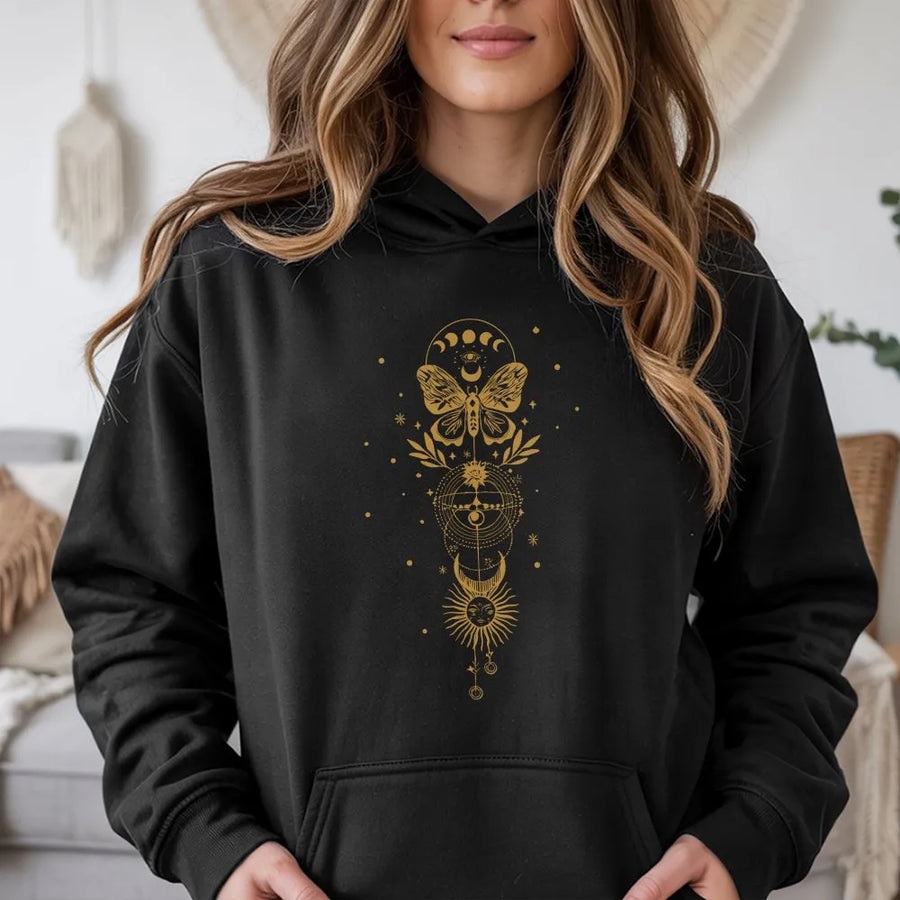 Celestial Moth Hoodie | Vintage Sun Moon and Eye Graphic | Premium Soft Cotton | Boho Astrology Gift for Women