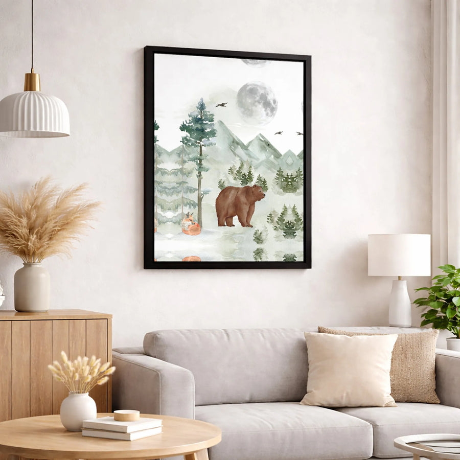 Watercolor Woodland Bear And Fox Canvas | Snowy Mountain Forest Nursery Wall Art | Premium Gallery Wrapped Decor | Mountain Cabin Gift