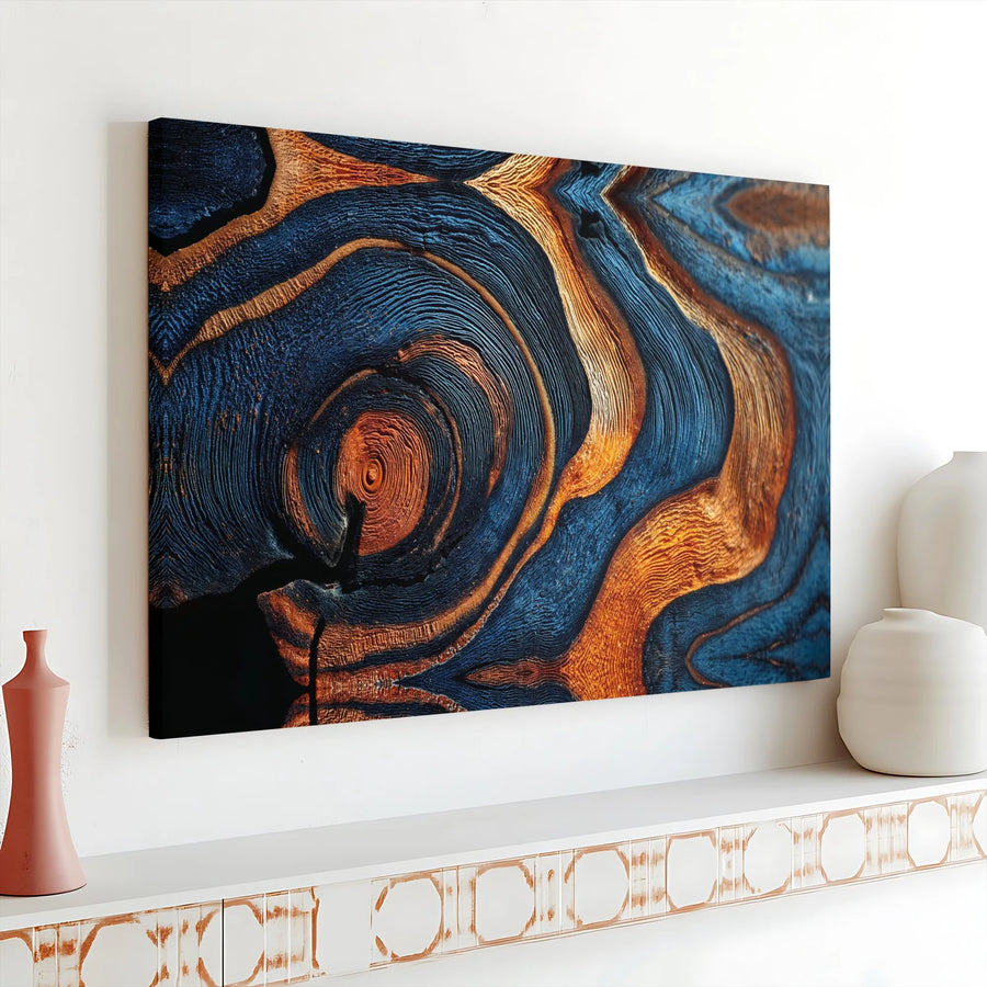 Abstract Wood Grain Canvas Wall Art | Textured Blue and Copper Mineral Design | Premium 1.25" Thick Profile | Modern Living Room & Office Decor Gift