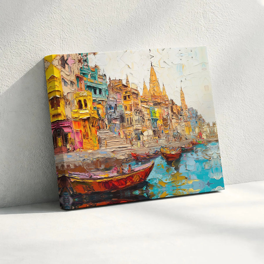 Varanasi Ghats Canvas Art | Colorful Impasto River Landscape | Premium Gallery Wrap Print | Home Office Decor Gift