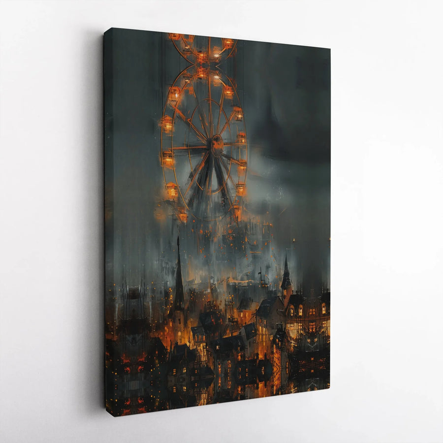 Dystopian Ferris Wheel Canvas Art | Moody Gothic Cityscape Print | Premium Stretched Canvas | Dark Fantasy Gamer Room Decor Gift