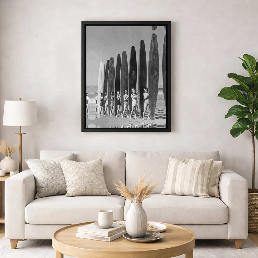 Vintage Surf Girls Canvas Print | Black and White Beach Photography | 1.25 Inch Gallery Wrap | Mid-Century Surf Culture Gift for Surfers