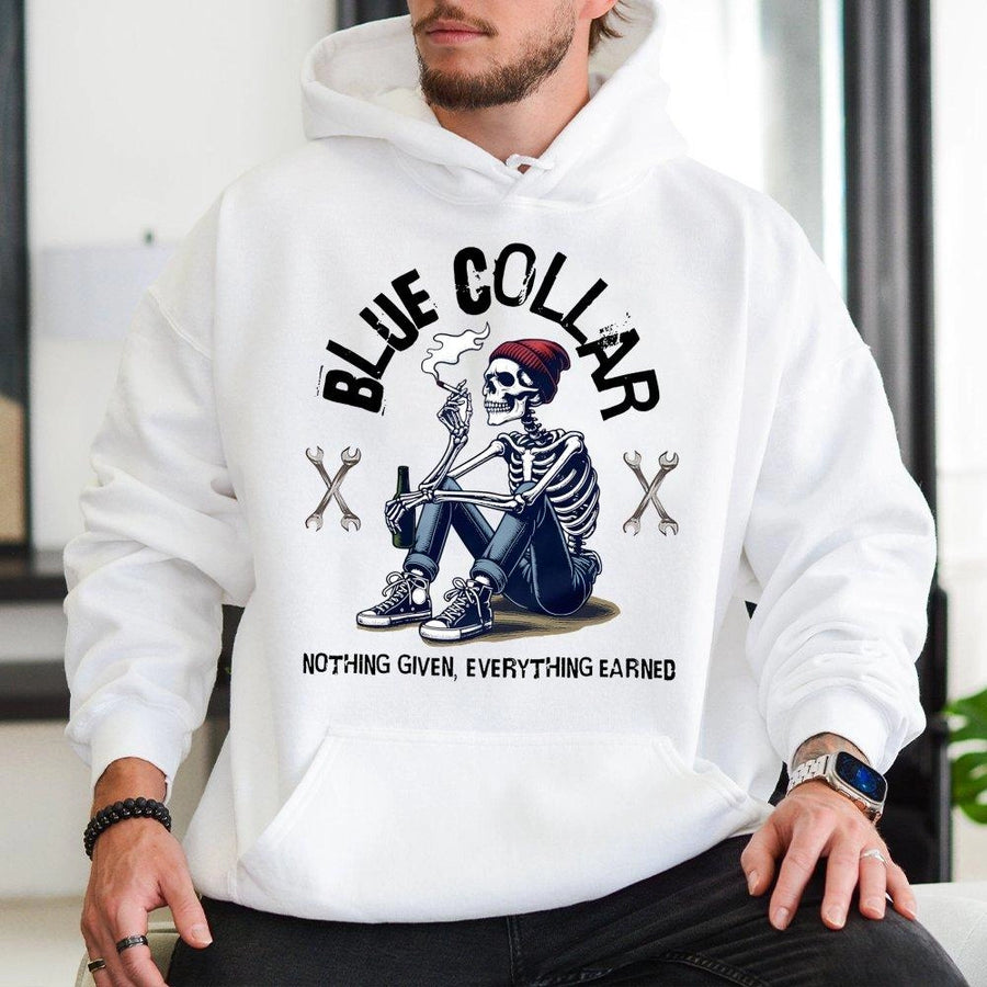 Blue Collar Hoodie | Nothing Given Everything Earned Skeleton Graphic | Premium Cotton Blend Sweatshirt | Gift for Tradesmen Mechanic Builder