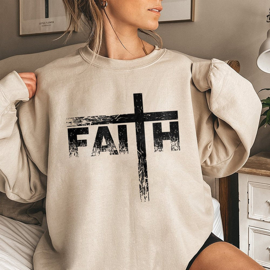 Faith Cross Graphic Sweatshirt | Distressed Religious Scripture Print | Premium Cotton-Blend Fleece | Inspirational Christian Gift for Women and Men