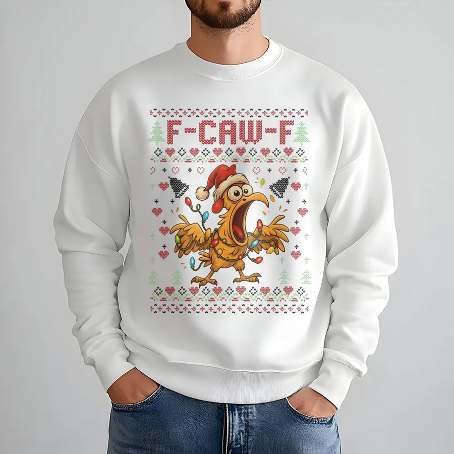 F-Caw-F Ugly Christmas Sweatshirt | Funny Chicken Holiday Graphic | Premium Cotton Blend Crewneck | Hilarious Gift For Poultry Lovers