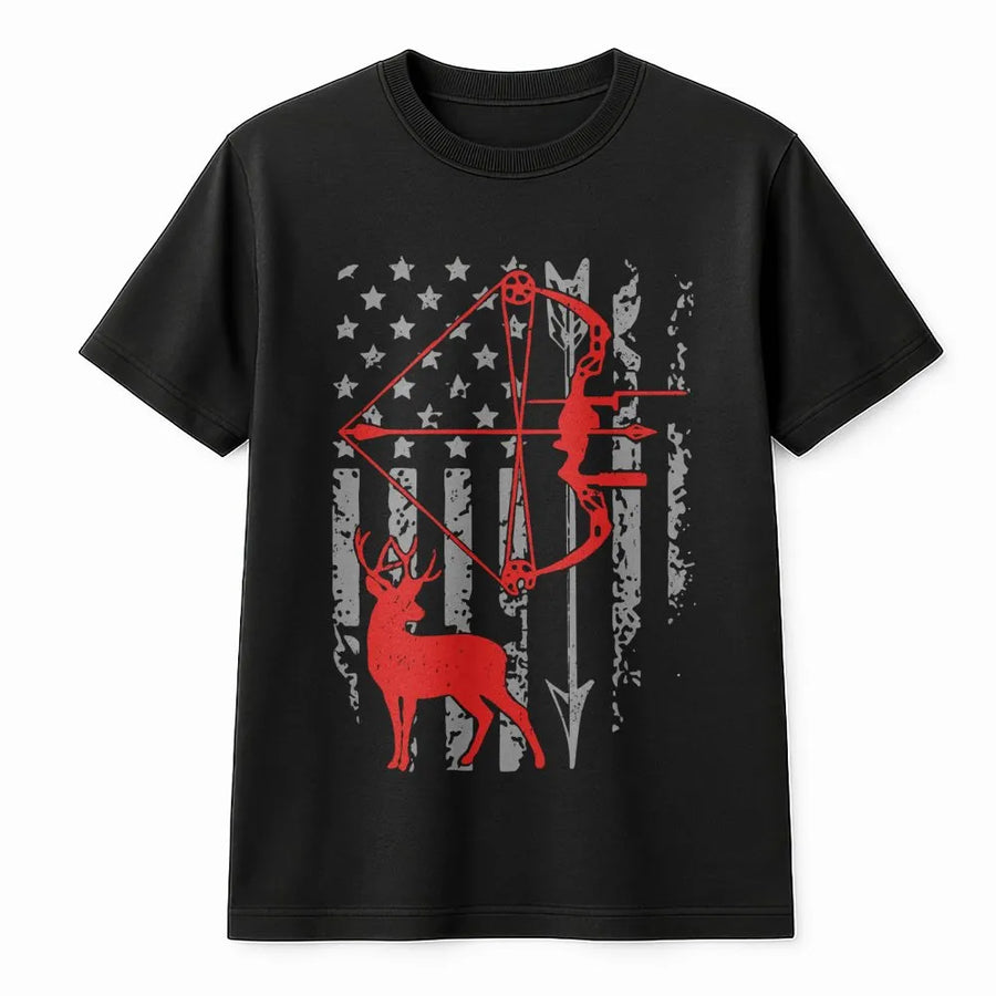 Bow Hunting T-Shirt | Patriotic Deer American Flag Graphic | Premium Soft Cotton Tee | Gift for Hunters and Outdoorsmen