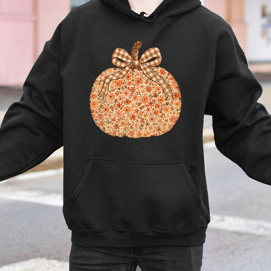 Floral Pumpkin Hoodie | Vintage Fall Aesthetic Graphic | Soft Cotton-Blend Pullover | Cozy Autumn Thanksgiving Gift for Women