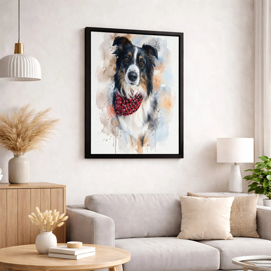 Border Collie Canvas Wall Art | Watercolor Dog Portrait with Red Plaid Bandana | Premium Gallery Wrapped Print | Perfect Gift for Dog Lovers