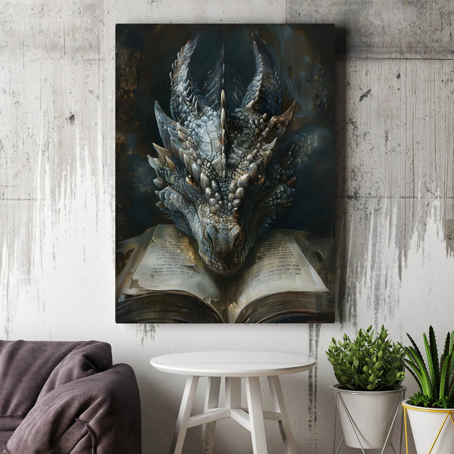 Dragon Wall Art | Fantasy Creature Reading Ancient Book | Gallery Wrapped Canvas Print | Unique Library Decor Gift For Readers