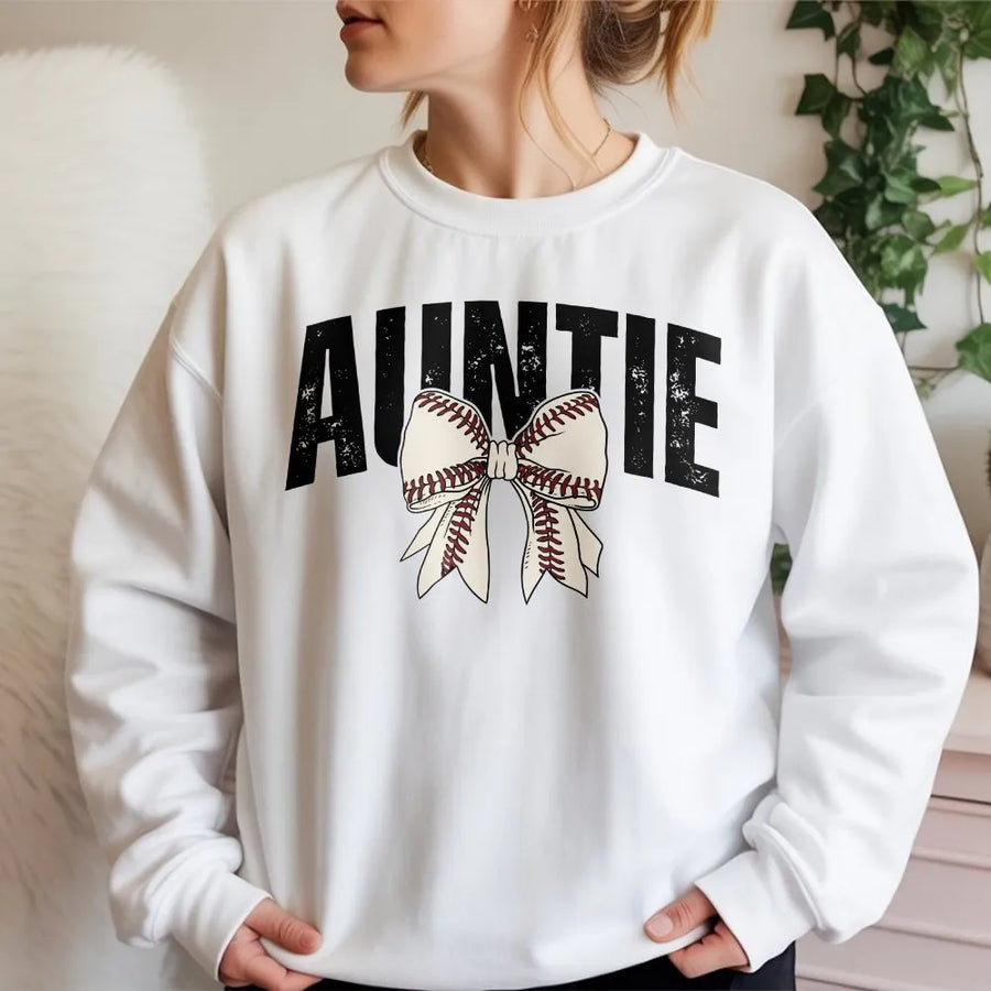 Baseball Auntie Sweatshirt | Distressed Baseball Seam Bow Graphic | Premium Comfort Colors Cotton | Game Day Apparel Gift for Aunt