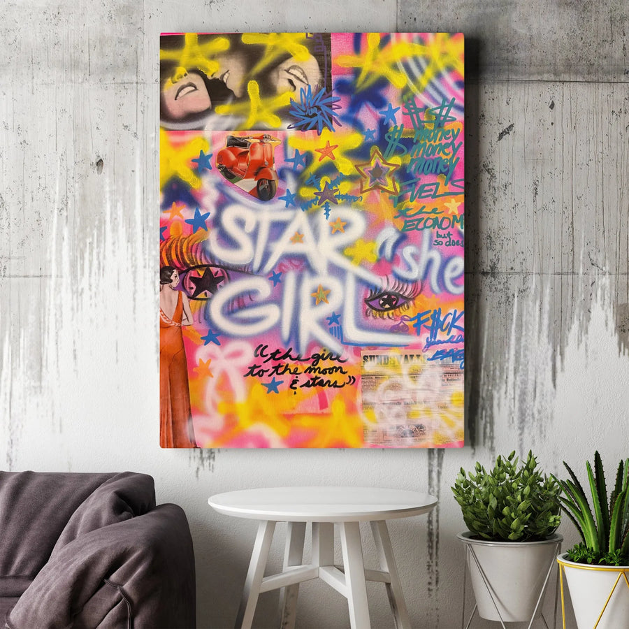 Star Girl Wall Art | Street Graffiti Collage Print | Premium 1.25" Gallery Wrapped Canvas | Aesthetic Urban Decor for Bedroom or Living Room