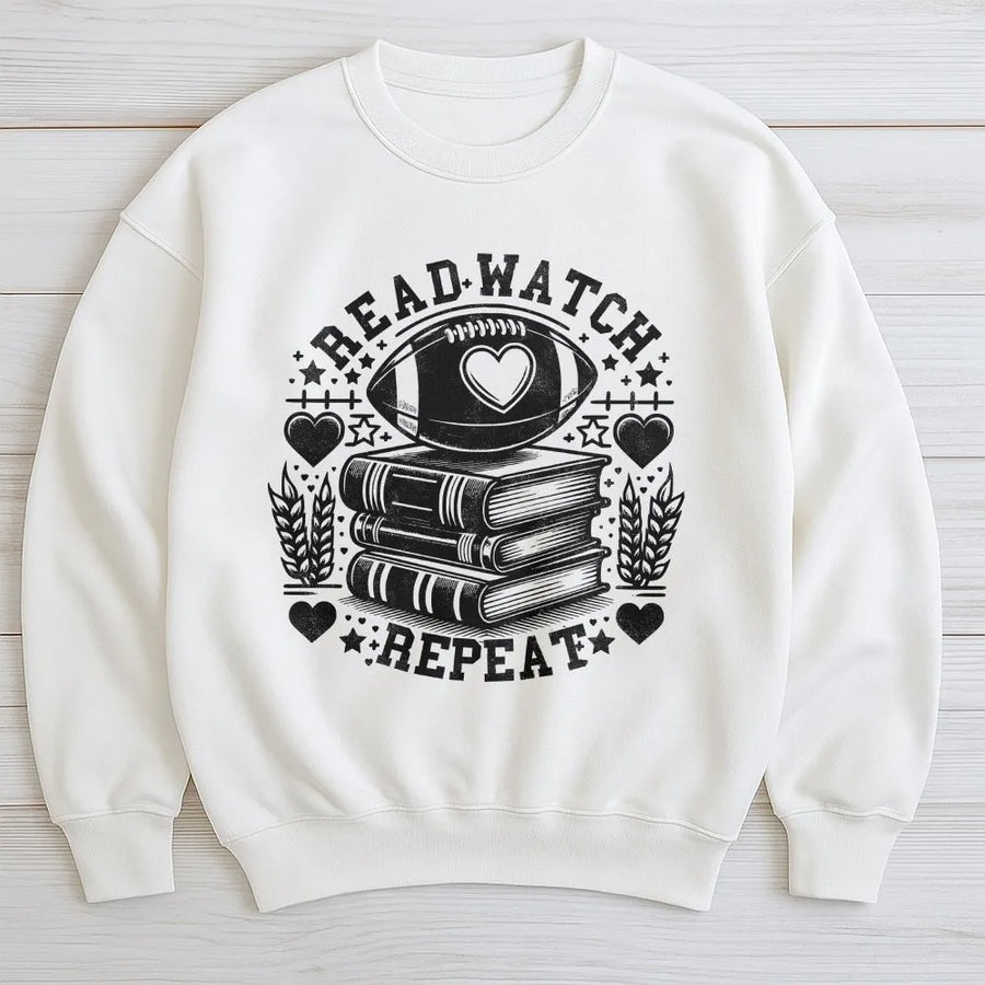 Bookish Football Sweatshirt | Read Watch Repeat Gameday Graphic | Cozy Cotton Blend Crewneck | Gift for Women Readers and Sports Fans