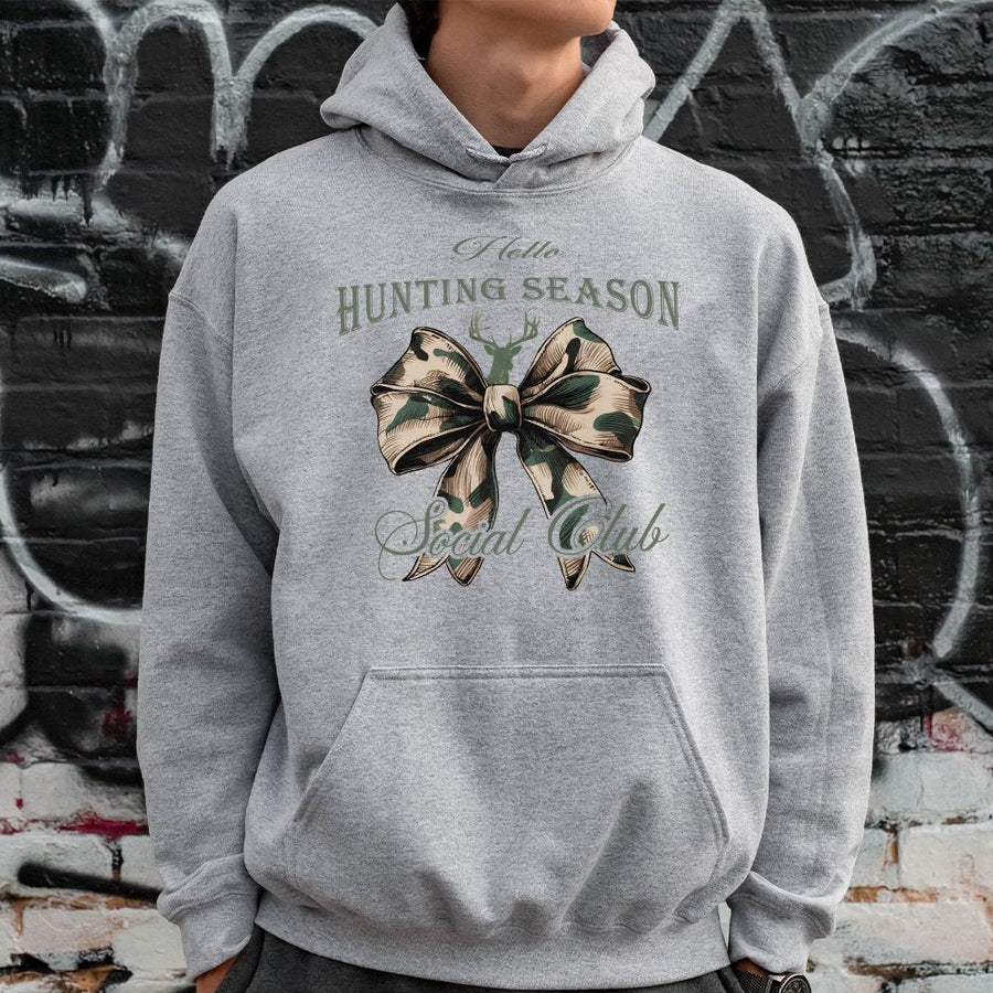 Hello Hunting Season Hoodie | Camo Coquette Bow Deer Graphic | Premium Cotton Blend | Gift For Hunter Women and Men