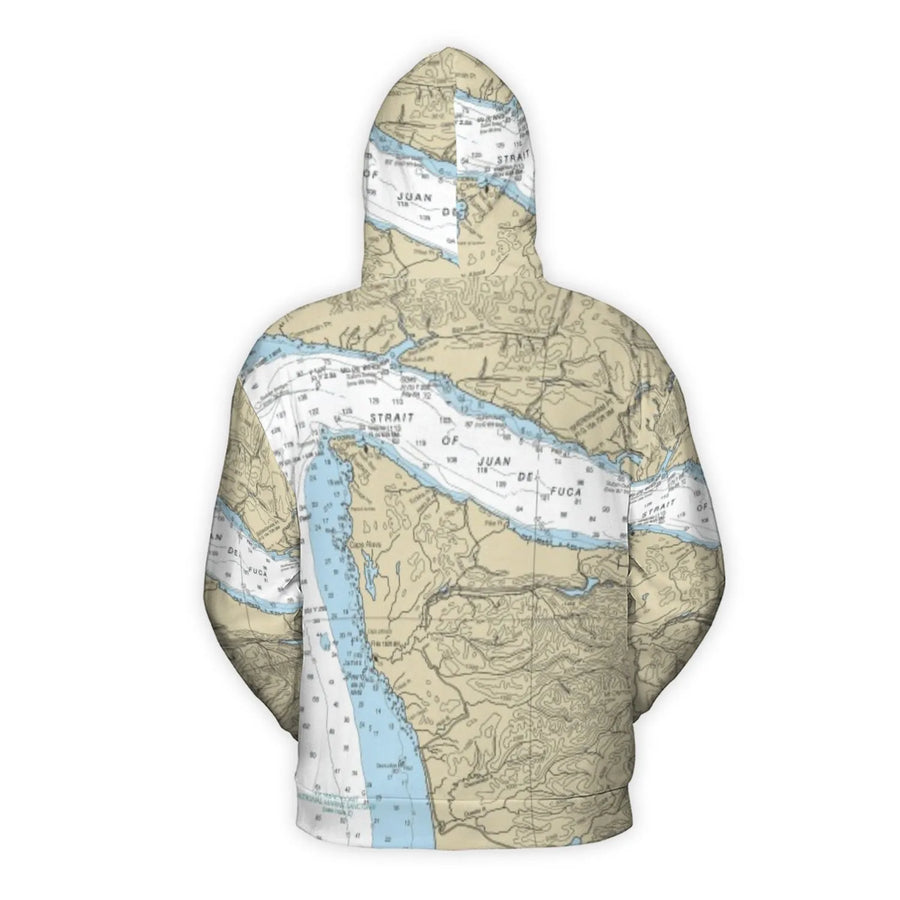 Strait of Juan de Fuca Nautical Map Hoodie | All-Over Print 3D Design | Soft Brushed Fleece | Sailor Gift for Mariners and PNW Coast Lovers