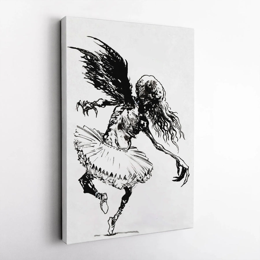 Gothic Ballerina Canvas Wall Art | Scary Winged Monster Sketch | Premium Fade-Resistant Print | Dark Academia Home Decor Gift