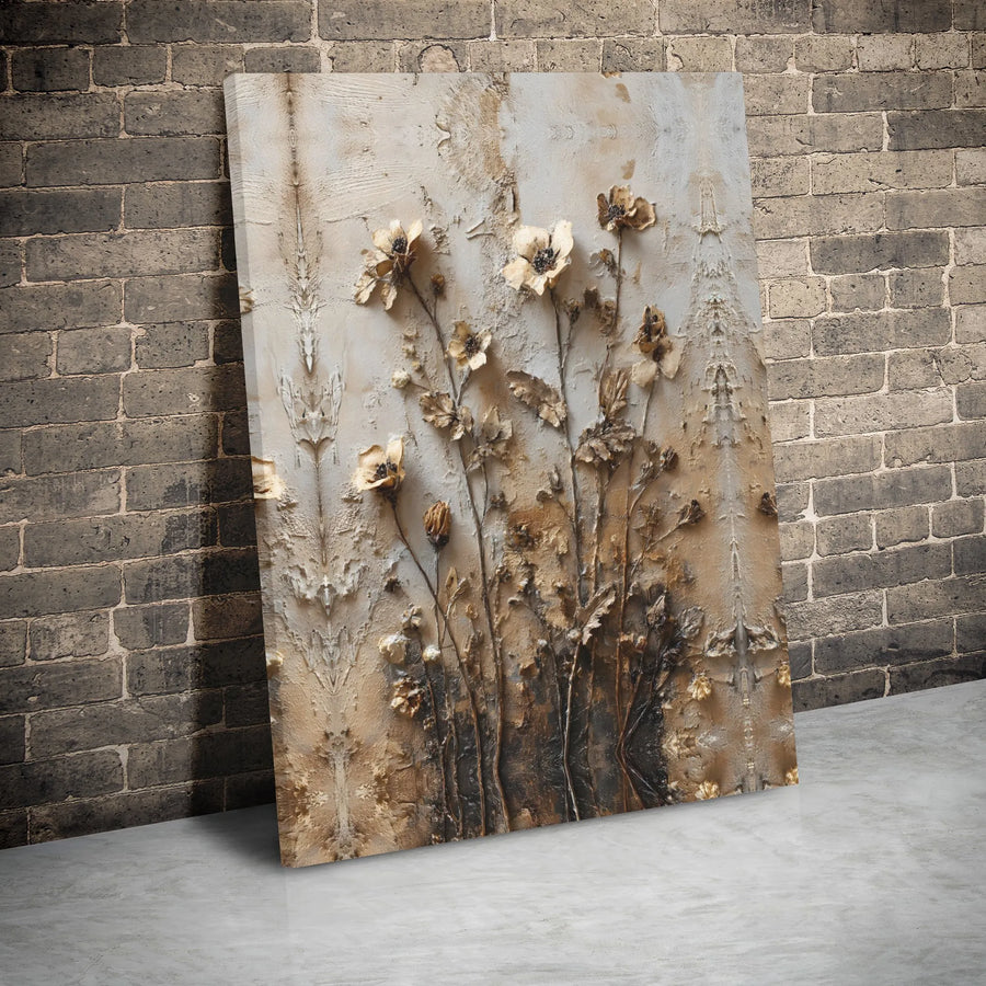 Neutral Floral Canvas Wall Art | Beige Textured Botanical Print | Premium Gallery Wrap Wooden Frame | Modern Minimalist Home Decor Gift