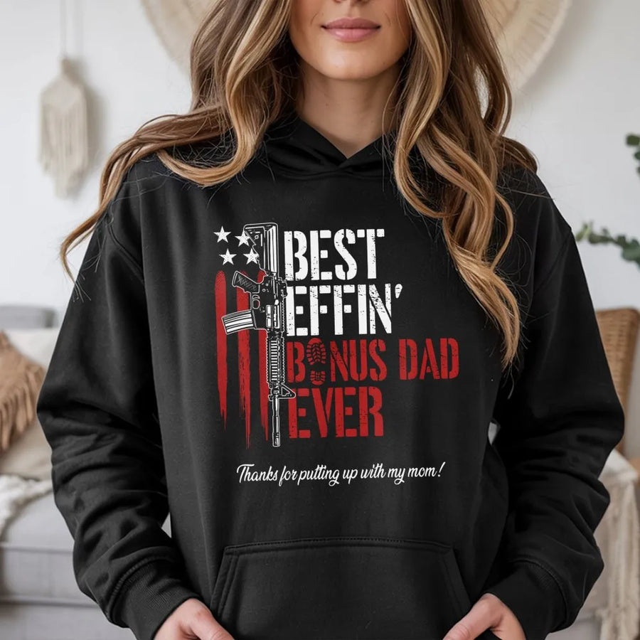 Bonus Dad Hoodie | Funny Stepdad Gift with American Flag Rifle Design | Premium Cotton Blend | Father's Day 2026 Gift for Stepfather