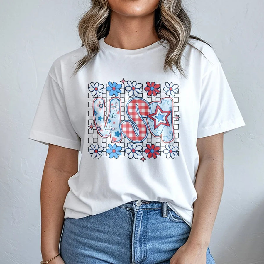Patriotic USA T-Shirt | Coquette Floral Checkerboard Graphic | Soft Cotton Blend | Preppy 4th of July Gift for Women