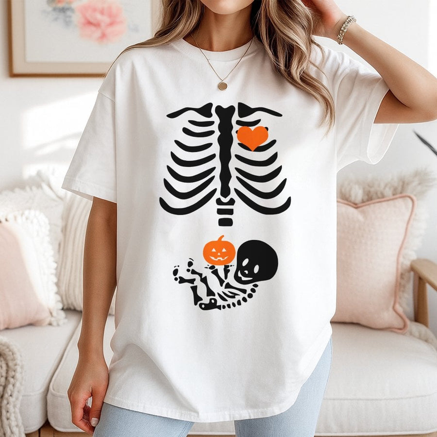 Skeleton Maternity T-Shirt | Cute Pumpkin Baby Skeleton Graphic | 100% Cotton Premium Tee | Funny Pregnancy Announcement Gift for Expectant Moms