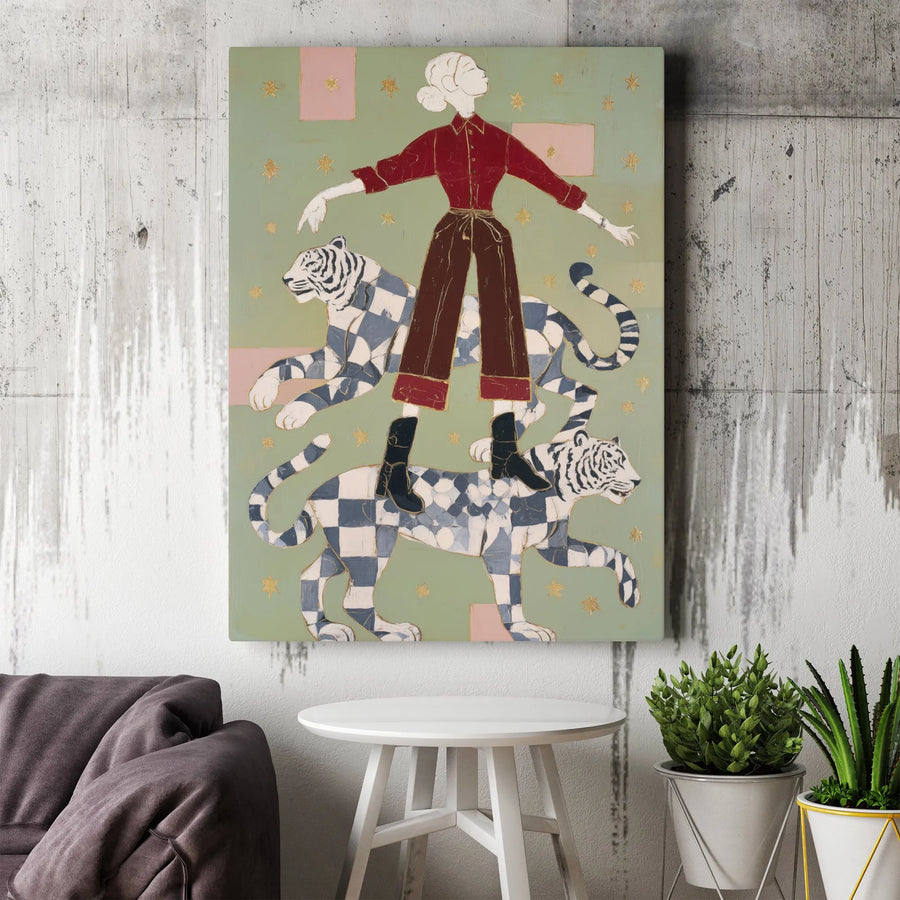 Surreal Tiger Tamer Canvas Art | Vintage Checkerboard Tiger Print | Premium 1.25" Thick Canvas | Unique Eclectic Wall Decor Gift for Women