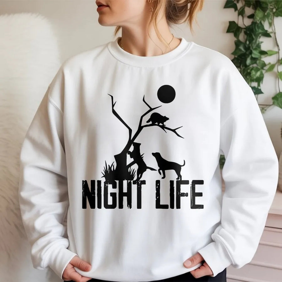 Coon Hunting Sweatshirt | Night Life Raccoon Hunter Graphic | Unisex Premium Cotton Blend | Gift for Outdoor Country Sportsmen