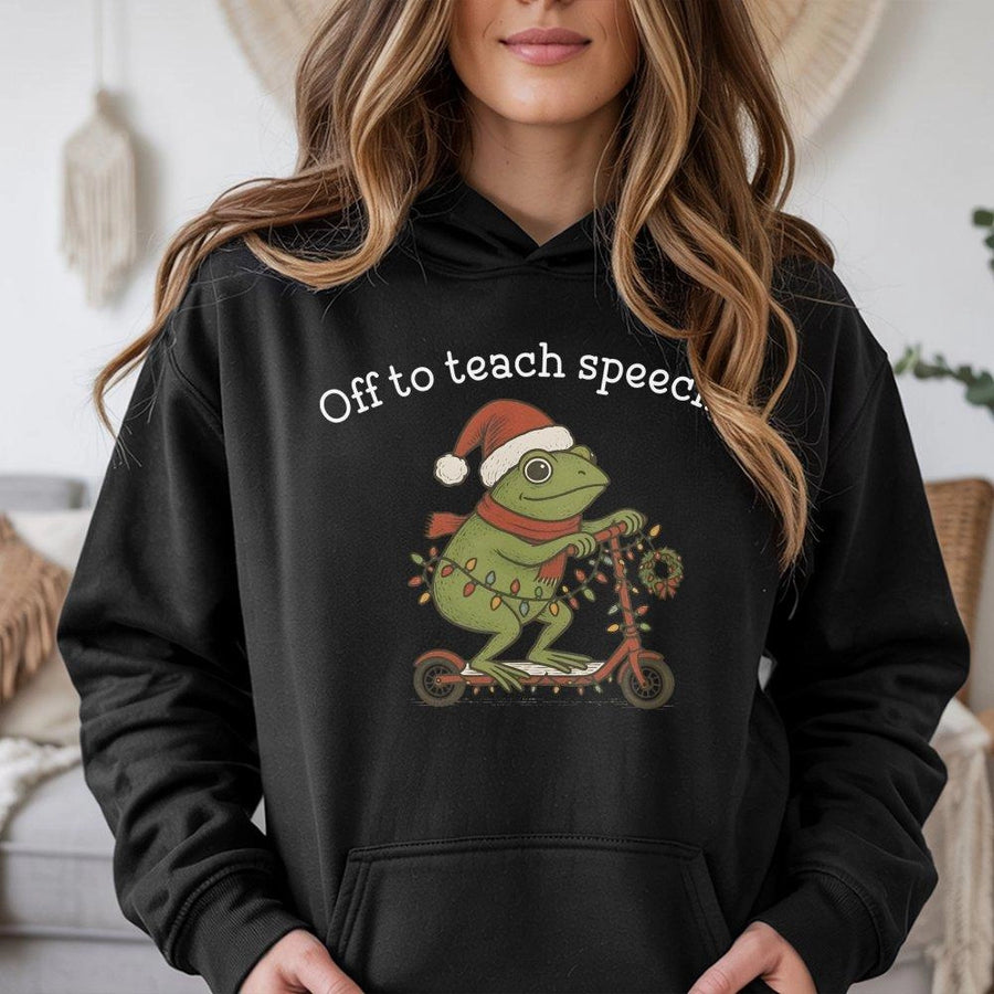 Speech Therapist Christmas Hoodie | Funny Frog on Scooter Graphic | Premium Cotton Blend | Gift for SLP Language Pathologist